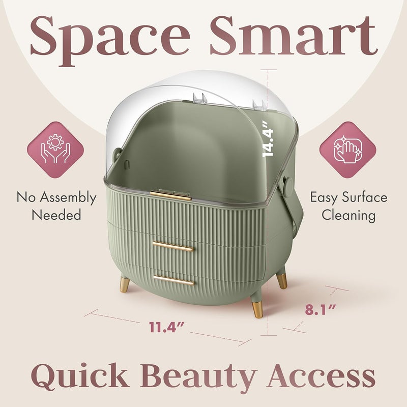 Oizeir Covered Makeup Cosmetic Countertop - Large Cosmetic Organizer - Trendy Oval Shape Storage for Skin Care Organizer - Clear Lid, Storage Drawers, Carry Handle - Cute Stylish Decor Solution (Green) - Image 2